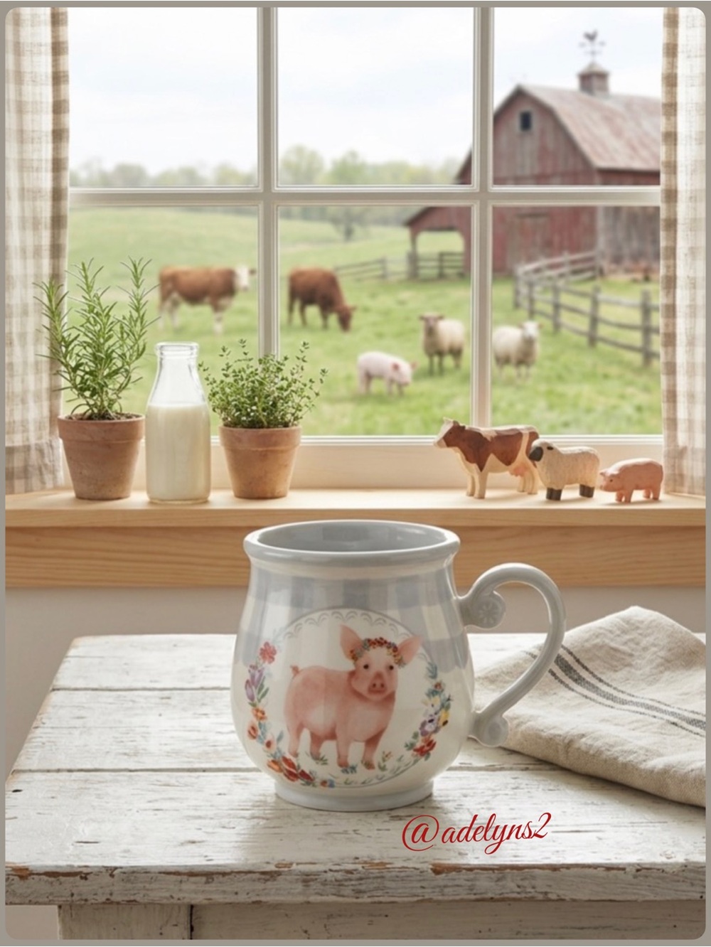 Last One! ๐บ New Pioneer Woman Pink Pig Gray Gingham Checks Mug, Qty 1 - Picture 3 of 11
